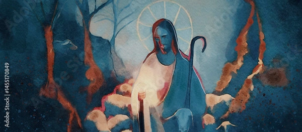 Obraz Jesus the Good Shepherd Watches Over His Flock with Compassion, watercolor