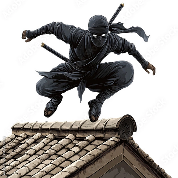Fototapeta A Cartoon Ninja Leaping Over Rooftops Isolated on Transparent Background