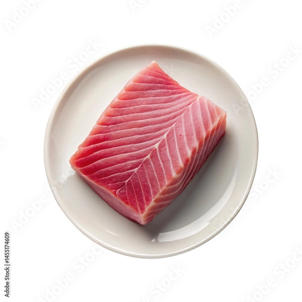 Obraz A single serving of fresh raw tuna steak on a small white plate against a transparent background