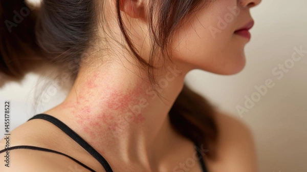 Obraz A closeup view of inflamed red skin rash, highlighting itchy bumps due to allergy or dermatitis.