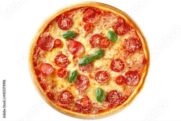 Fototapeta A delicious pepperoni and tomato pizza, perfect for a casual meal.  The warm colors and fresh basil make it visually appealing.