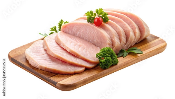 Fototapeta Delicious Slices of Fresh Raw Tuna on Wooden Cutting Board with Parsley and Tomato