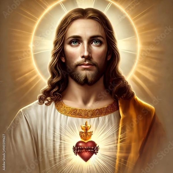 Obraz Portrait of Jesus Christ with glowing heart and halo