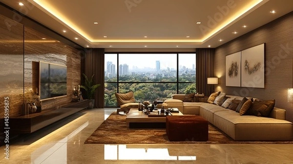 Obraz Modern, spacious living room with city views.  A sophisticated, warm design