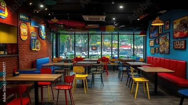 Obraz Vibrant eatery with colorful tables and chairs, brick walls, and large windows showcasing an outdoor scene.  Plenty of seating arrangements and bright, playful design
