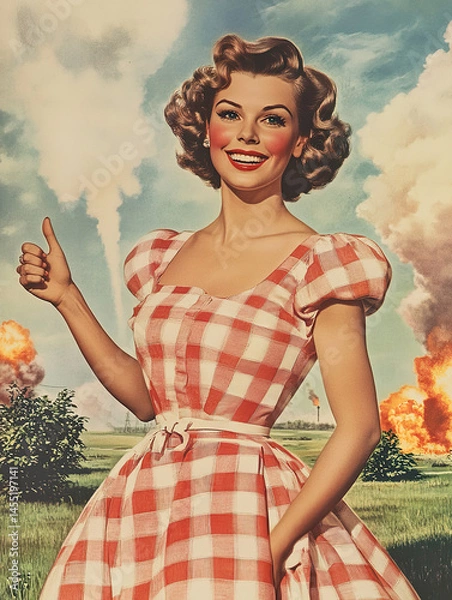 Obraz Vintage style advertisement with a smiling woman and an explosion in the background.