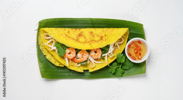 Fototapeta  Open Vietnamese pancake with shrimp and vegetables on banana leaf