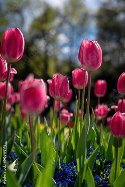 Obraz Bright pink tulips with green leaves. A layer of small blue Forget-me-nots (Myosotis) below. Blurred trees in the background. 