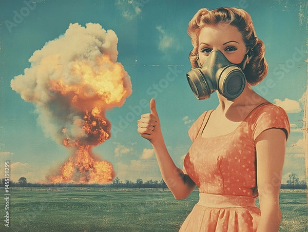 Obraz Vintage style advertisement with a smiling woman and an explosion in the background.