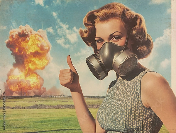 Obraz Vintage style advertisement with a smiling woman and an explosion in the background.