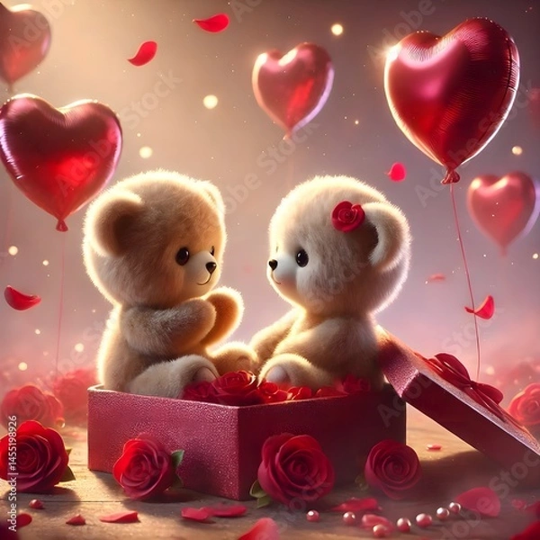 Obraz Teddy duck couple under heart balloons