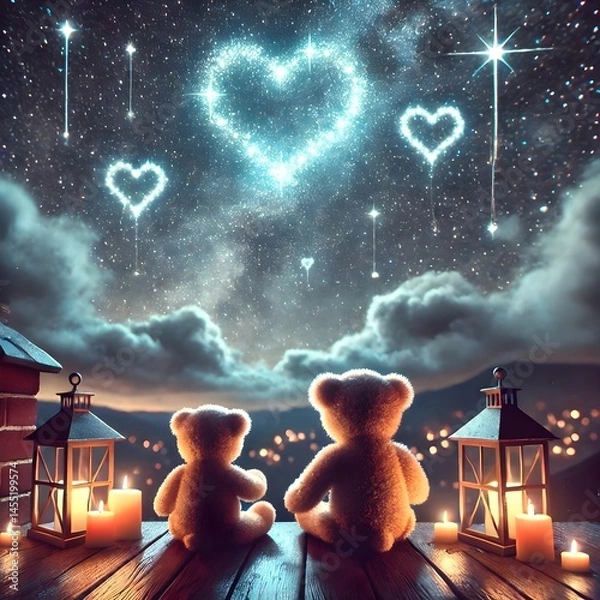 Obraz Teddy bears watching glowing heart clouds