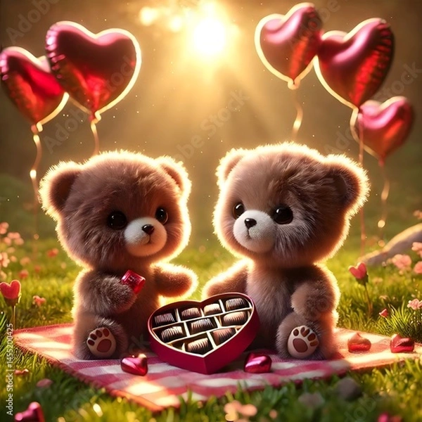 Obraz Teddy bears exchanging chocolate and hearts