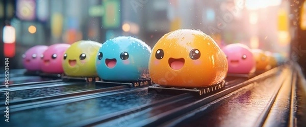 Fototapeta Cute, colorful, round characters moving on a track