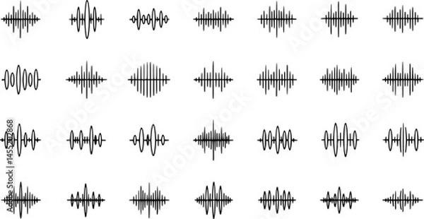 Obraz Sound waves flat line icons set. Vibration, soundwave, audio voice signal, abstract waveform frequency vector illustrations. Outline pictogram for music app. Editable Strokes