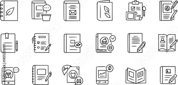 Obraz Brochure line icons set. Flyer leaflet, catalogue, booklet, magazine, letterhead, open book and other polygraphy vector illustration. Outline signs for print shop. Editable Stroke