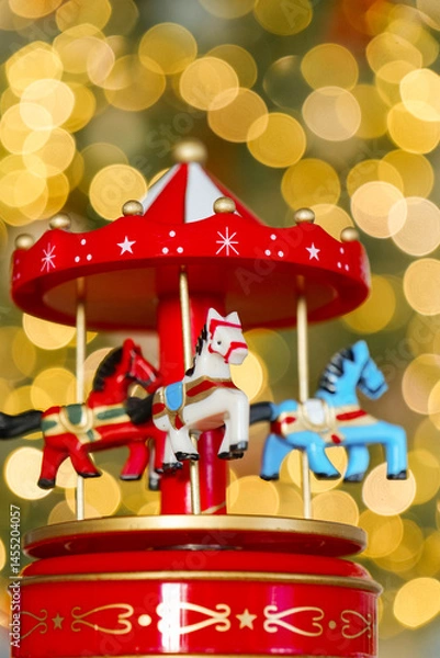 Fototapeta Decorative Carousel with Horses.Close-Up of Vintage Carousel Horse Ornament. 