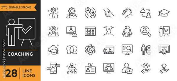 Fototapeta Coaching line icon set. Containing Training, mentoring, leadership, workshop, and more. Editable stroke. Vector illustration