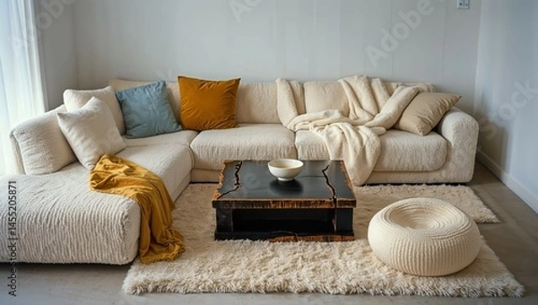 Fototapeta Generative AI, Textured white boucle living room with rustic oak and yellow accents