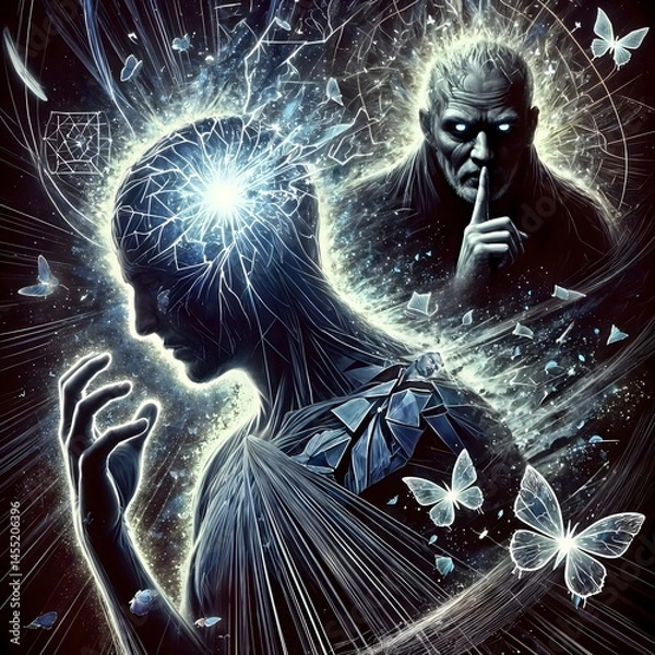 Obraz Dark figure whispering into glowing orb with mind energy