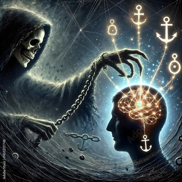 Obraz Hooded figure extracting thoughts from exposed brain
