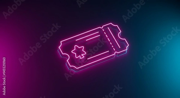 Fototapeta Illustration of pink neon ticket with star, against pink and blue background