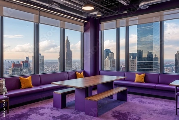 Fototapeta Comfortable Purple Team Collaboration Space with Bench Table and Stunning City Views