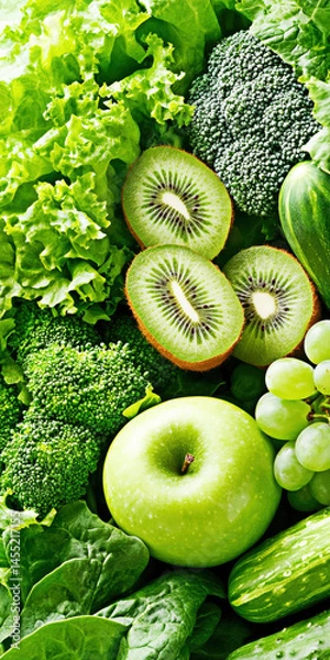 Fototapeta A vibrant assortment of fresh green fruits and vegetables showcases healthy choices, featuring leafy greens, kiwi, broccoli, cucumbers, and grapes, perfect for a nutritious meal or snack.