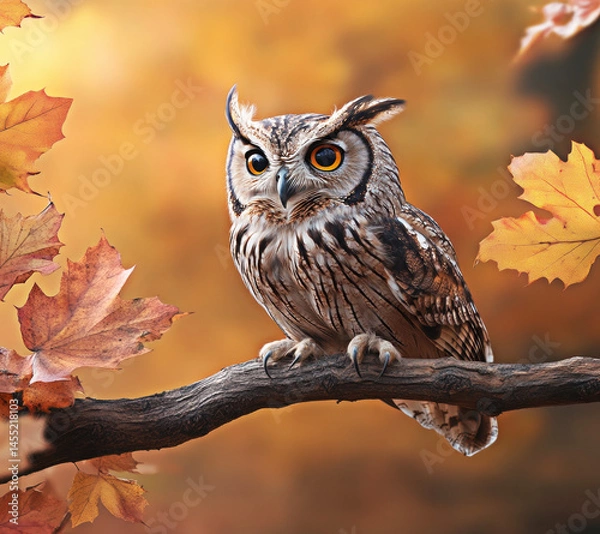 Fototapeta A striking owl perched on a branch surrounded by vibrant autumn leaves, capturing the essence of nature's beauty and serenity in a warm, golden-hued backdrop of fall.