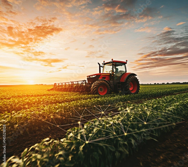 Fototapeta A red tractor works the green fields during a stunning sunset, symbolizing innovation in agriculture and the harmony of nature's beauty with modern farming technology.