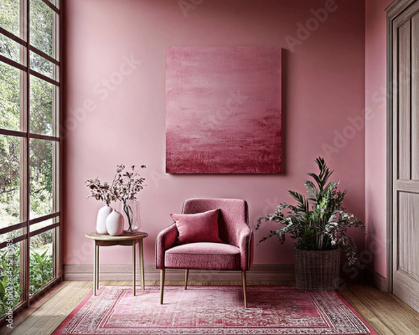 Fototapeta A chic living area adorned in soft pink tones, featuring a cozy chair, vibrant art, and greenery, creating a tranquil and inviting atmosphere perfect for relaxation.