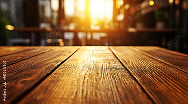 Fototapeta A warm, sunlit wooden table captures a tranquil moment, perfectly blending nature's beauty with rustic charm, creating an inviting atmosphere for gatherings and reflections.