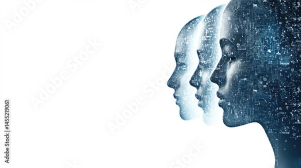 Fototapeta Explore the intersection of technology and identity in this striking image, featuring layered silhouettes that symbolize the fusion of human consciousness and digital innovation.