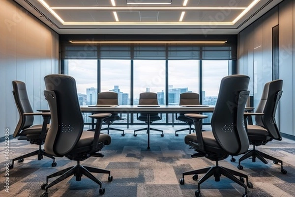 Fototapeta Modern Collaborative Conference Room with Advanced Multi-Function Chairs and Sleek Design for High-Tech Office Meetings