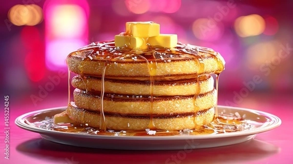 Fototapeta retro diner pancakes stack with syrup drizzle and butter on top, glowing pink and red neon diner background, cozy American breakfast vibe