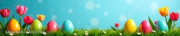 Obraz Rainbow eggs & tulips create vibrant blue backdrop border, easter eggs, artwork