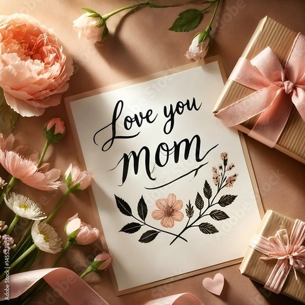 Obraz Flat lay Mother's Day card with coffee and flowers
