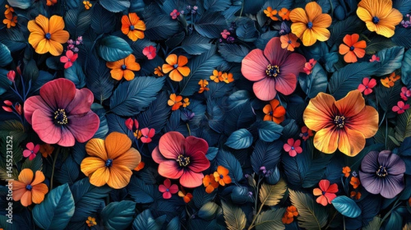 Fototapeta 3D floral background with vibrant orange, pink, and yellow blooms and textured dark foliage in a realistic 4K resolution botanical arrangement design.