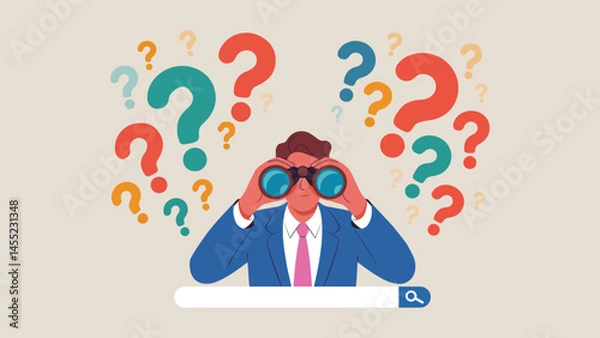 Fototapeta Colorful vector illustration of a businessman with binoculars over a search bar, surrounded by question marks, symbolizing curiosity or online search. Ideal for SEO or digital marketing themes