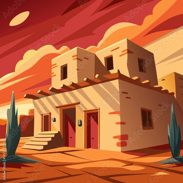 Obraz Vector illustration of a Native American house set against a desert landscape, showcasing traditional architecture and surroundings.