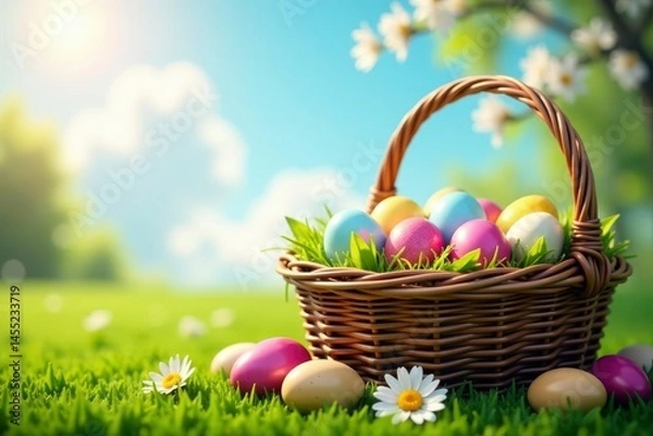 Fototapeta Wicker basket overflowing with colorful eggs, spring blooms, sunny sky , bright, illustration