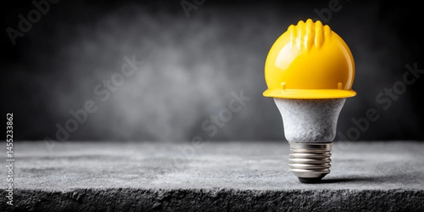 Obraz light bulb wearing safety helmet in dark room
