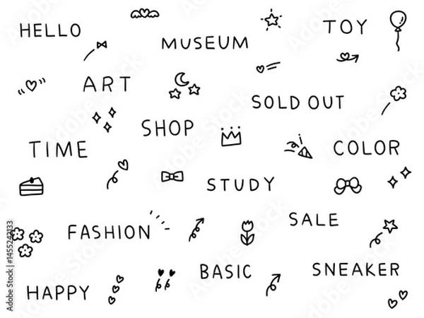 Fototapeta 飾りと手書き文字のベクターイラストセット。素材、手描き、動物、落書き、かわいい