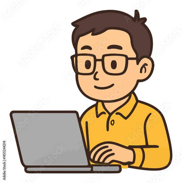 Obraz Young Man Working on Laptop with Smiling Expression and Glasses