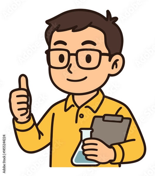 Obraz Happy Scientist with Clip Board and Flask Giving Thumbs Up Gesture