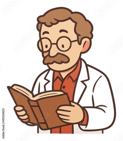 Obraz Friendly Scientist Reading Book in Lab Coat Cartoon Illustration