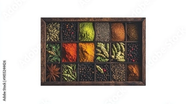 Fototapeta Colorful Array of Spices and Herbs in Wooden Display