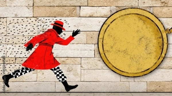 Fototapeta Vintage Comic Style Artwork Featuring a Dramatic Figure Running Against a Textured Wall Background in Retro Aesthetic