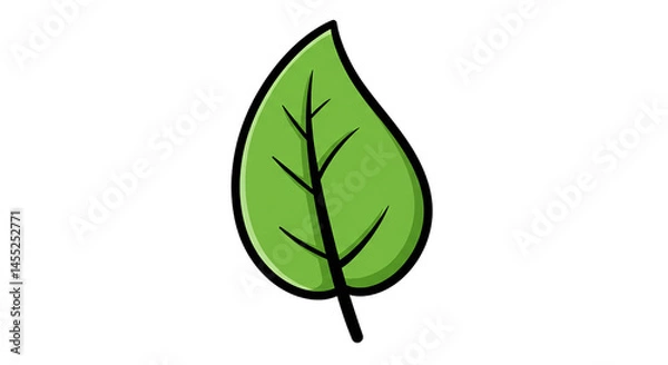 Fototapeta Illustration of a single green leaf with black veins on a plain black background design element