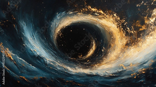 Obraz 
Abstract black hole in space with swirling white, gold, and silver tones symbolizes the mystery of the universe, gravitational power, cosmic infinity, and the pull of the unknown.

